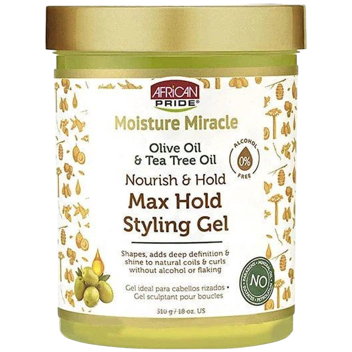 African Pride Moisture Miracl e Max.  Styling Gel Olive Tea Tree 18oz